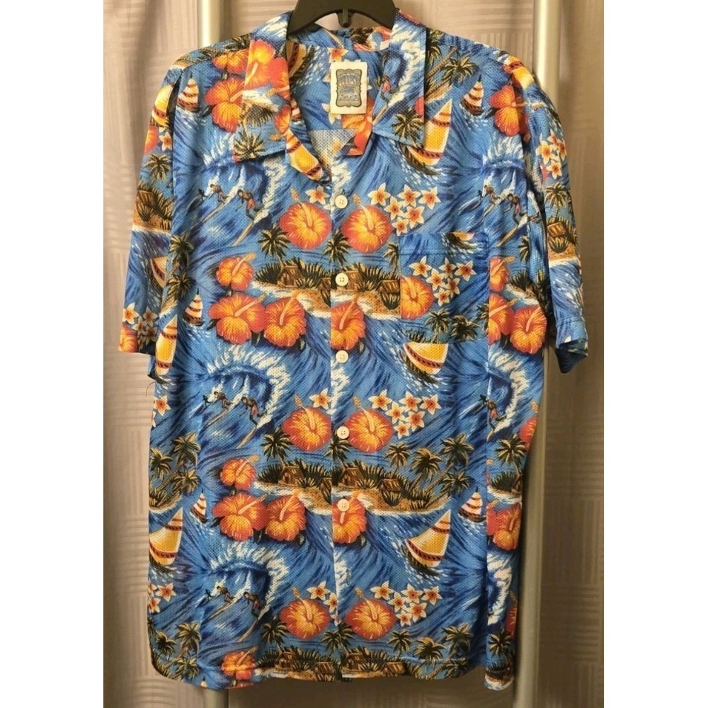 Ocean Current Hawaiian Shirt Mens X-Large Blue Floral Palm Trees Surfing Vintage